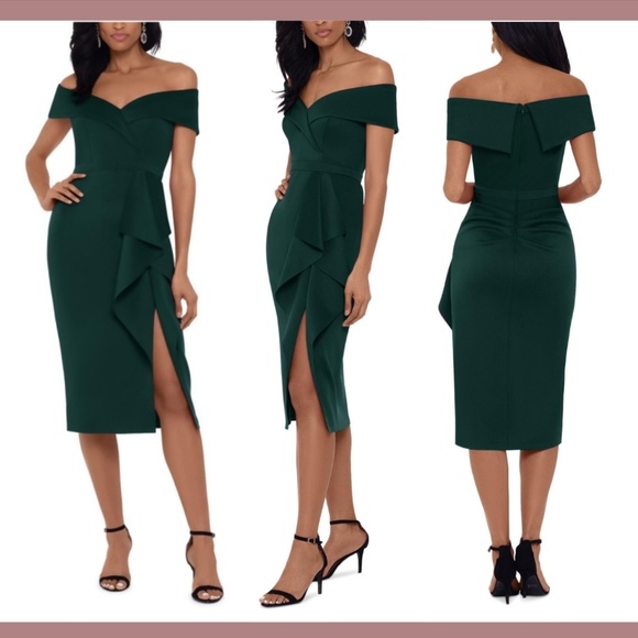 NWT $228 Xscape‎ [ 10 ] Ruffle Scuba Off Shoulder Midi Dress Hunter Green
